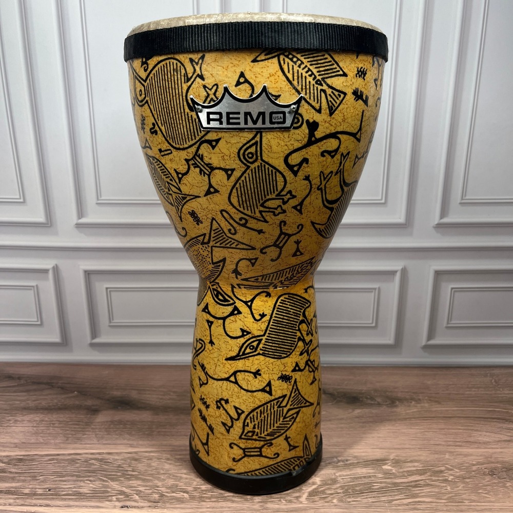 Remo Djembe Hand Drum Yellow Black Petroglyph Fish Bird Print 14"x7.5"